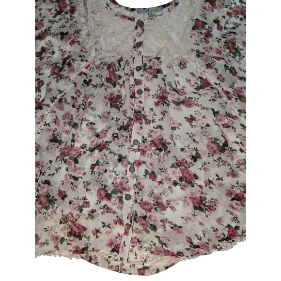 Women's Cecico Floral Blouse, SZ S White & Pink Boho Flowy Flutter Sleeve Lace - Picture 4 of 5